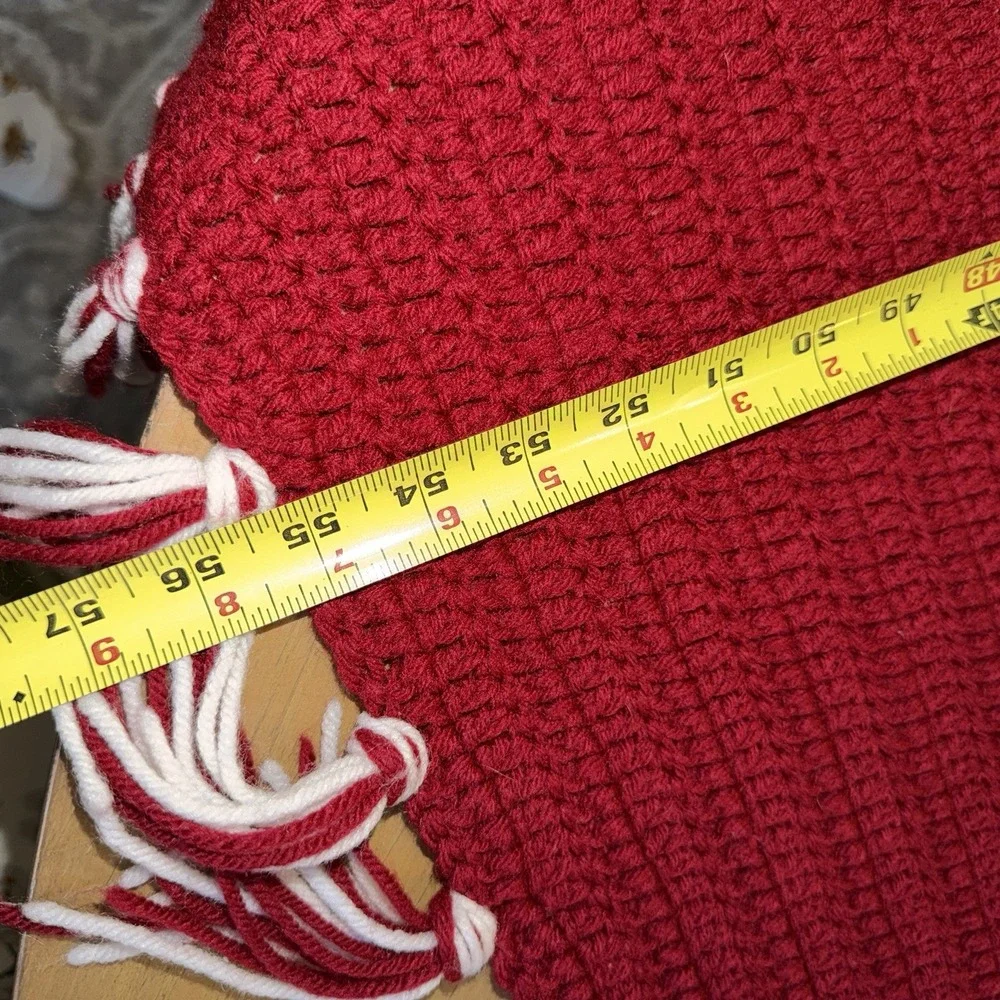 Handmade Crochet Afghan Throw Blanket Red White Fringe 48x56 Christmas Rustic
